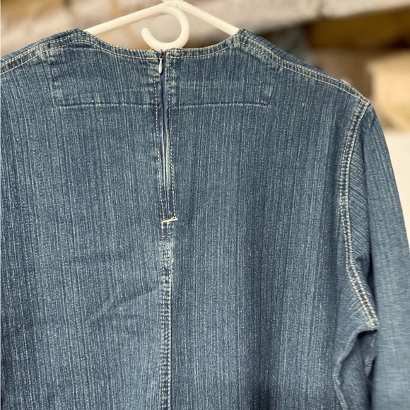 Embellished Blue and Orange Denim Maxi Dress with V-Neck and Long Sleeves - Picture 2 of 7